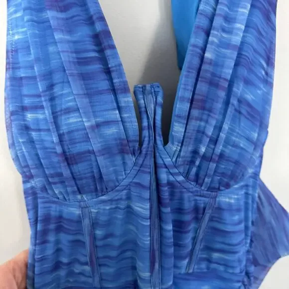 Akira Aqua Babe Mesh Printed Midi Dress BodyCon Size Small Form Fitting Blues - Picture 8 of 14